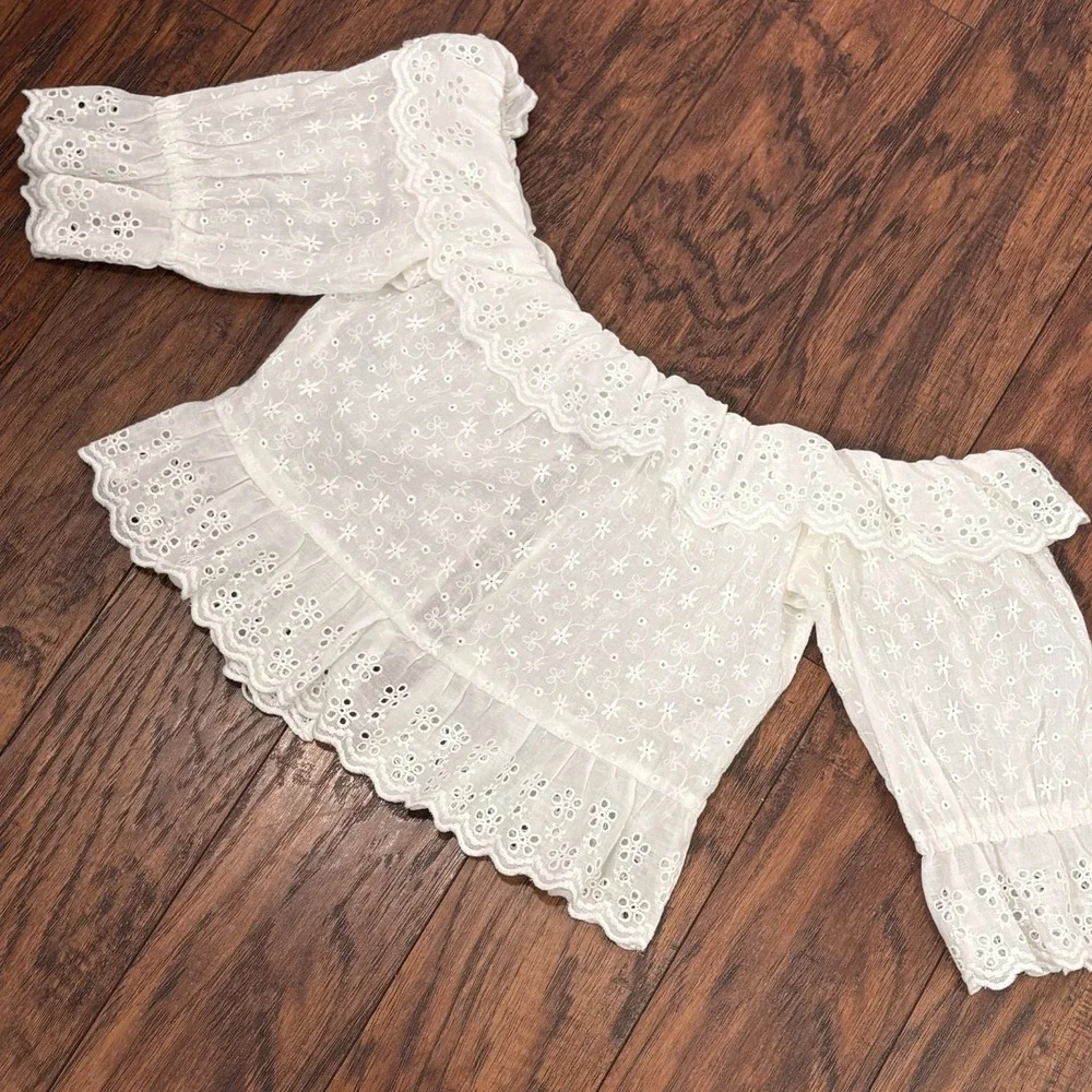 Zara‎ White Eyelet Milkmaid Peplum Crop Top XS Coquette Festival Coastal Cottage